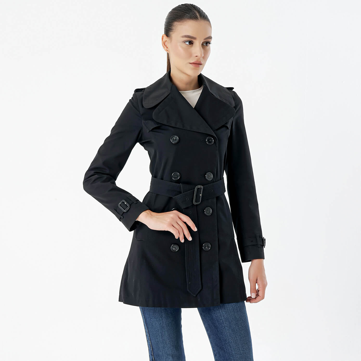 Burberry  - Black Cotton Double Breasted Trench Coat